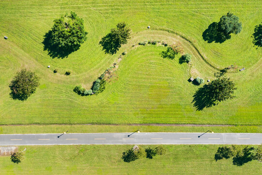 Aerial view of a grassy area with scattered trees and a road