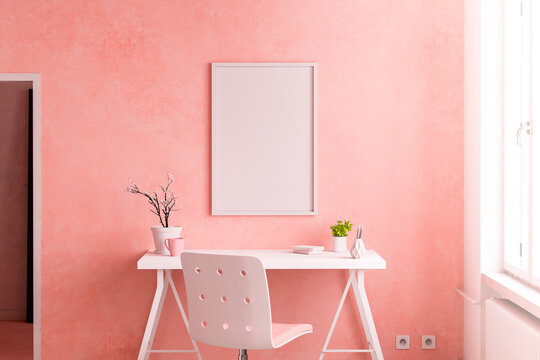 Minimalist 3D pink Workspace with Framed Wall 