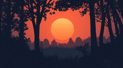 Silhouetted Trees Frame a Vibrant Sunset Scene