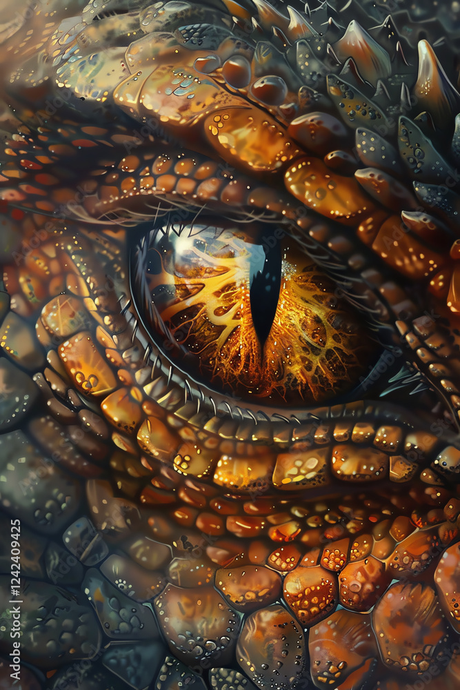Poster capture the intricate details of a majestic dragons eye in photorealistic digital rendering, conveyi