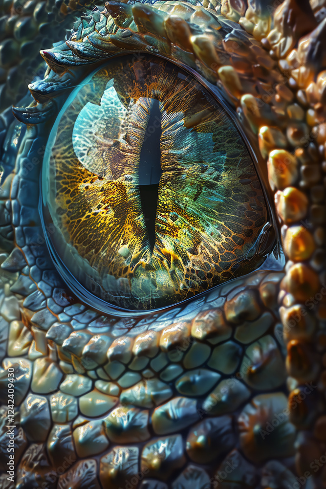 Poster capture the intricate details of a majestic dragons eye in photorealistic digital rendering, conveyi