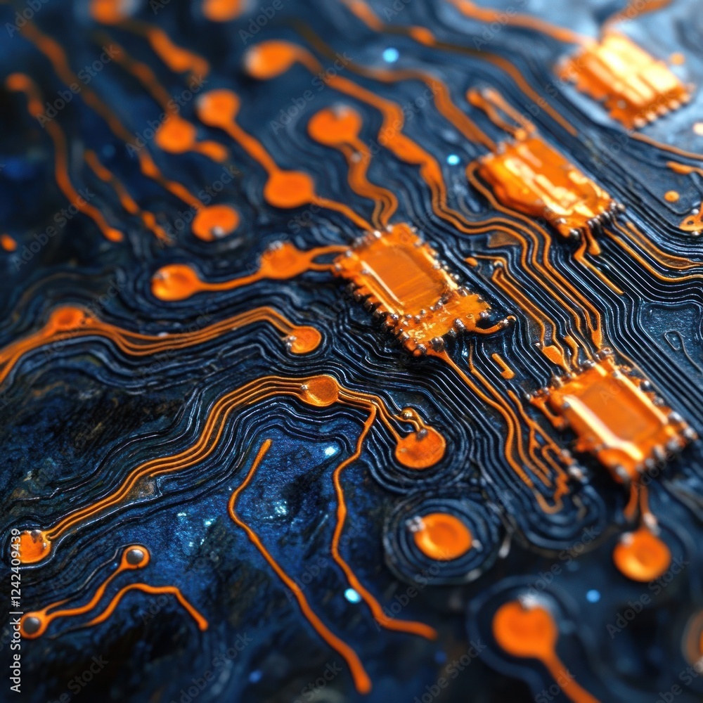 Poster close up of a circuit board with orange components against a dark background for tech industry use