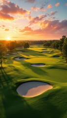 Scenic golf course landscape at sunset with lush green fairways and dramatic sky