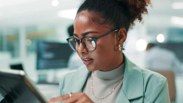 Business woman, software developer or browsing with tablet for app development, web design or UX at office. Female person, employee or virtual designer with technology for online testing, UI or AI