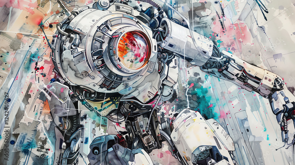 Poster capture the precision of a robot ballet in vivid watercolor show surrealism fused with futuristic th
