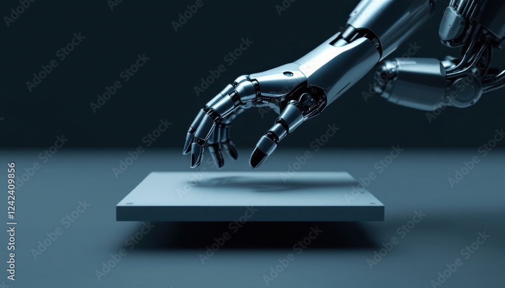 Poster robotic hand reaching for floating object in futuristic setting