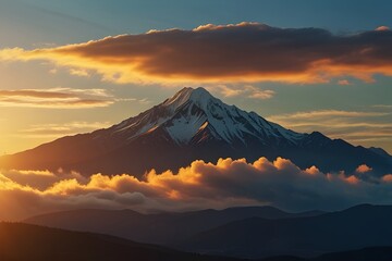 Fototapeta premium beautiful yellow sunlight of sun while sunrise or sunset with soft blue cloud above peak mountain. Generative AI