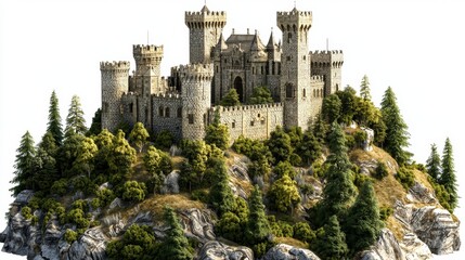 Majestic medieval castle on a rocky hill surrounded by lush greenery under a bright blue sky in a fantasy landscape