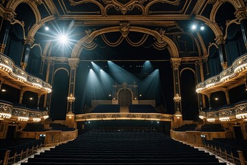 Obraz premium Breathtaking Shot of a Sophisticated Opera Theatre Under Spotlight with Lavish Black and Gold Interior