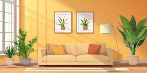 a realistic picture of a living room, with a beautiful sunlight, a beige sofa, with plants and a white wall with a square ::1 glass frame hanging