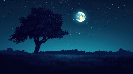 Lone Tree Silhouetted Against Night Sky and Full Moon