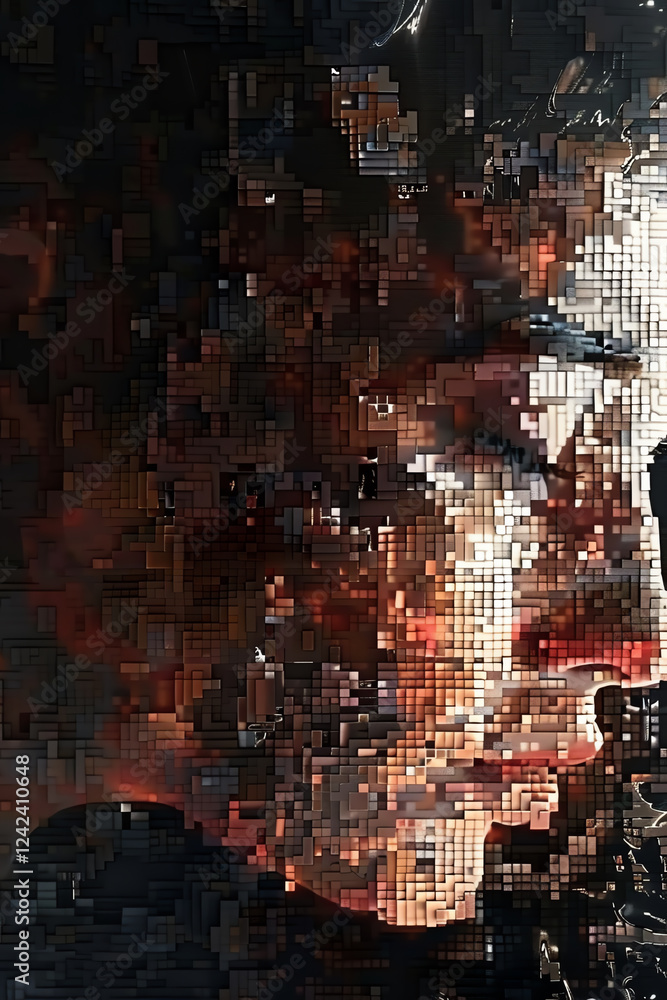 Poster combine cubism x jungs shadow self using unexpected camera angles to portray depth in a pixel art pi