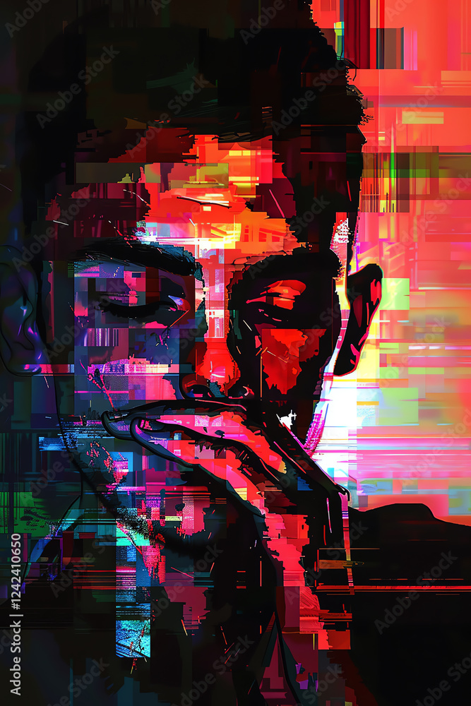 Poster combine cubism x jungs shadow self using unexpected camera angles to portray depth in a pixel art pi