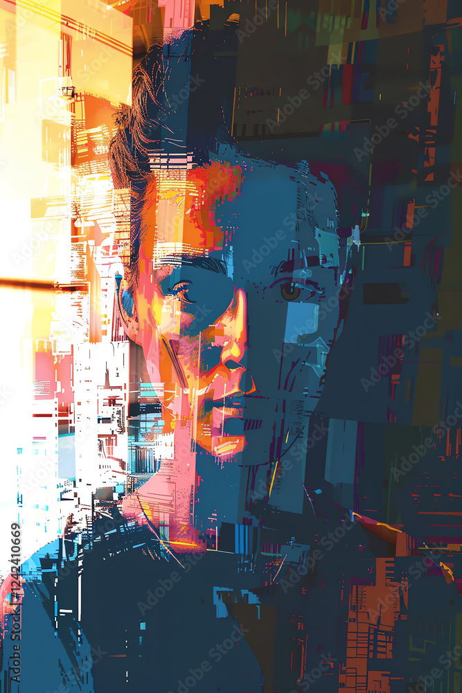 Poster combine cubism x jungs shadow self using unexpected camera angles to portray depth in a pixel art pi