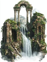 Obraz premium Majestic Ancient Ruins Surrounded by Lush Greenery and Cascading Waterfalls in a Serene Landscape