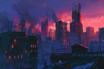 Convey urban decay and suspense through a digital rendering technique choice, featuring a horror-themed city skyline with a striking color palette