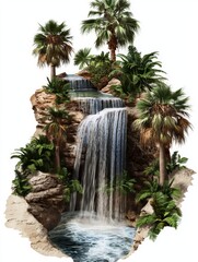 Serene Tropical Waterfall Surrounded by Lush Green Palms in a Tranquil Natural Setting