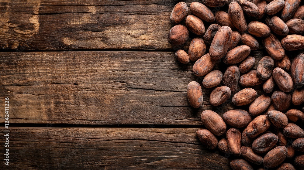 Poster raw cocoa beans scattered on rustic wooden background creating a warm texture and rich earthy tones,