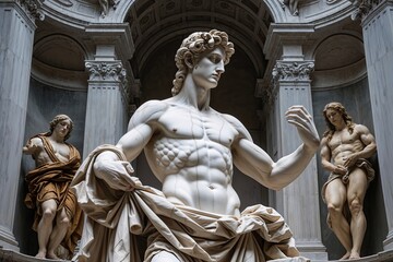 Fototapeta premium Intricate Marble Sculpture of David in Galleria dell'Accademia, Florence, Italy: A Renaissance Masterpiece