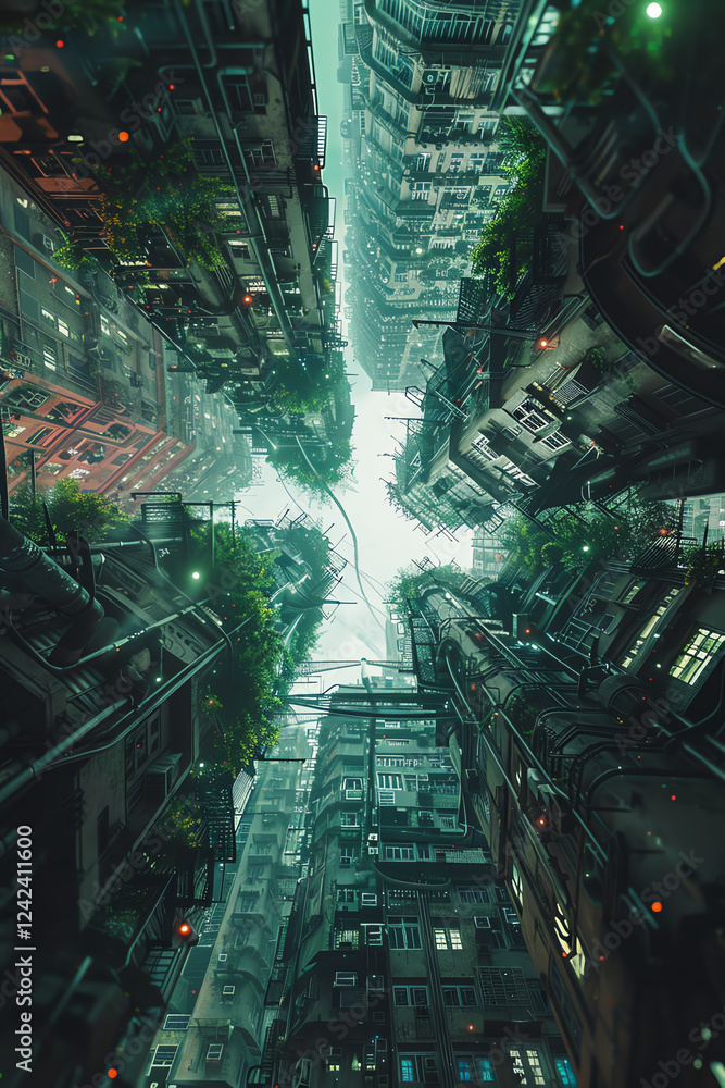 Poster craft a digital rendering featuring a low-angle view of a futuristic cityscape intertwined with grou