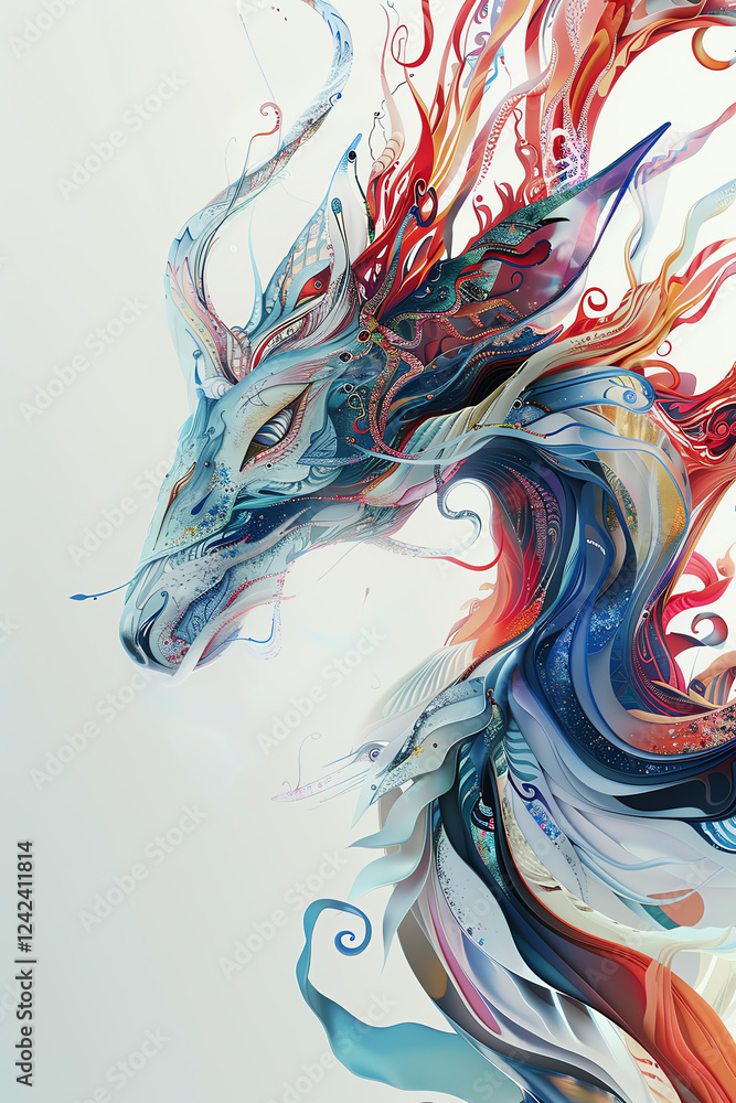 Poster craft a digitally rendered image of a mystical creature in a minimalist design, viewed from a striki