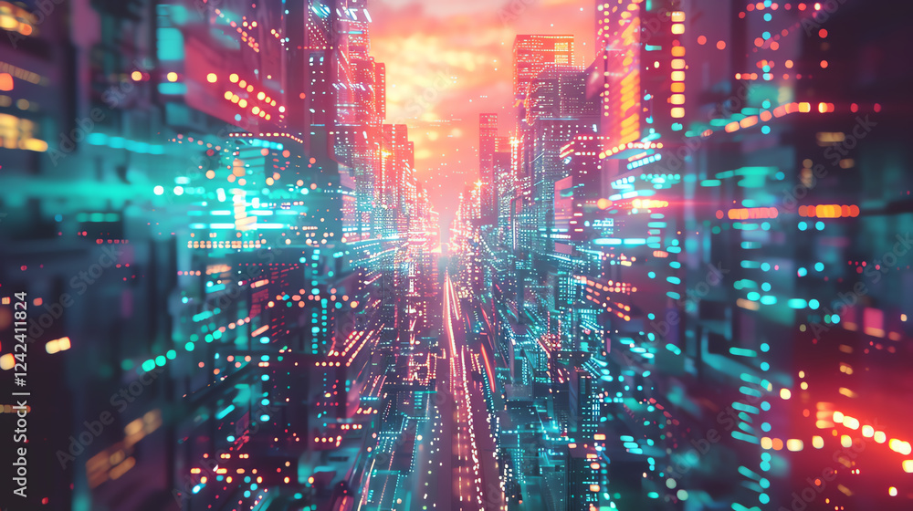 Poster craft a futuristic cityscape in digital glitch art style, exploring dynamic perspectives with cg 3d 