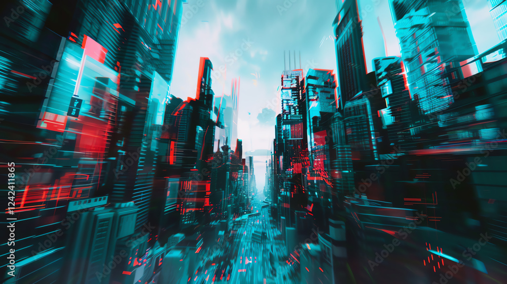 Poster craft a futuristic cityscape in digital glitch art style, exploring dynamic perspectives with cg 3d 