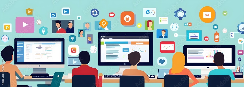 Poster a digital marketing team working in front of multiple screens, analyzing social media platforms and 
