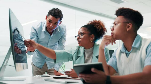 Coaching, coding and people on computer for research, project and collaboration in office. Programmer, tablet or developer with technology for web development, programming lesson or building software