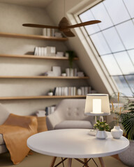 A white round table with decorative items set in a contemporary Scandinavian living room.