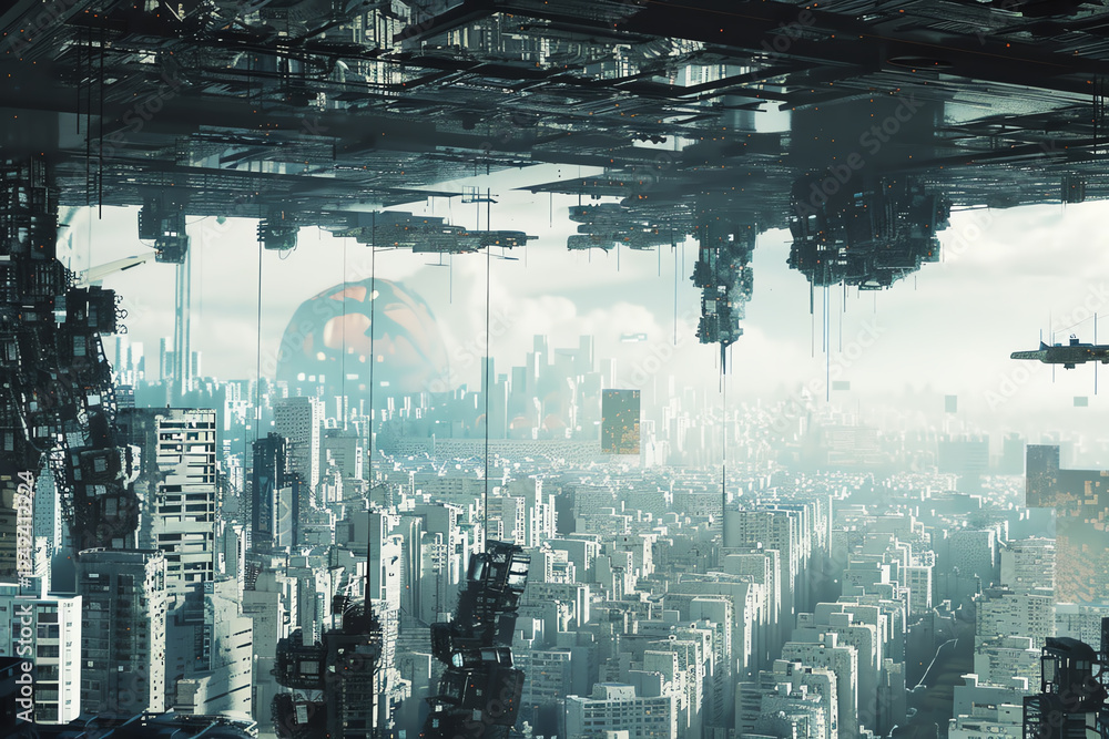 Poster craft a panoramic view of a dystopian cityscape with surreal elements using digital rendering techni