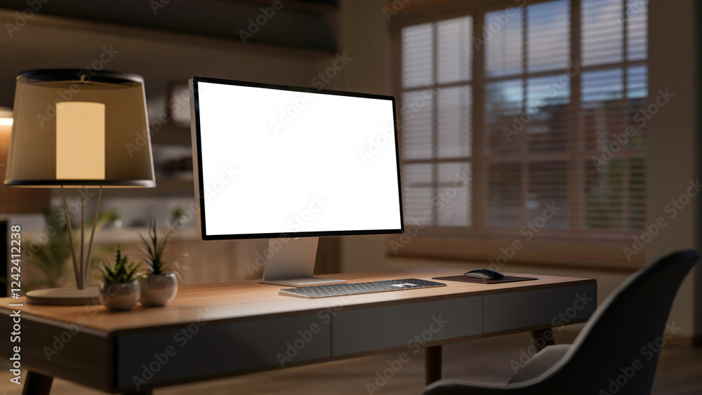 Canvas Prints a computer placed on a hardwood desk in a cozy office at night with a warm light from the table lamp