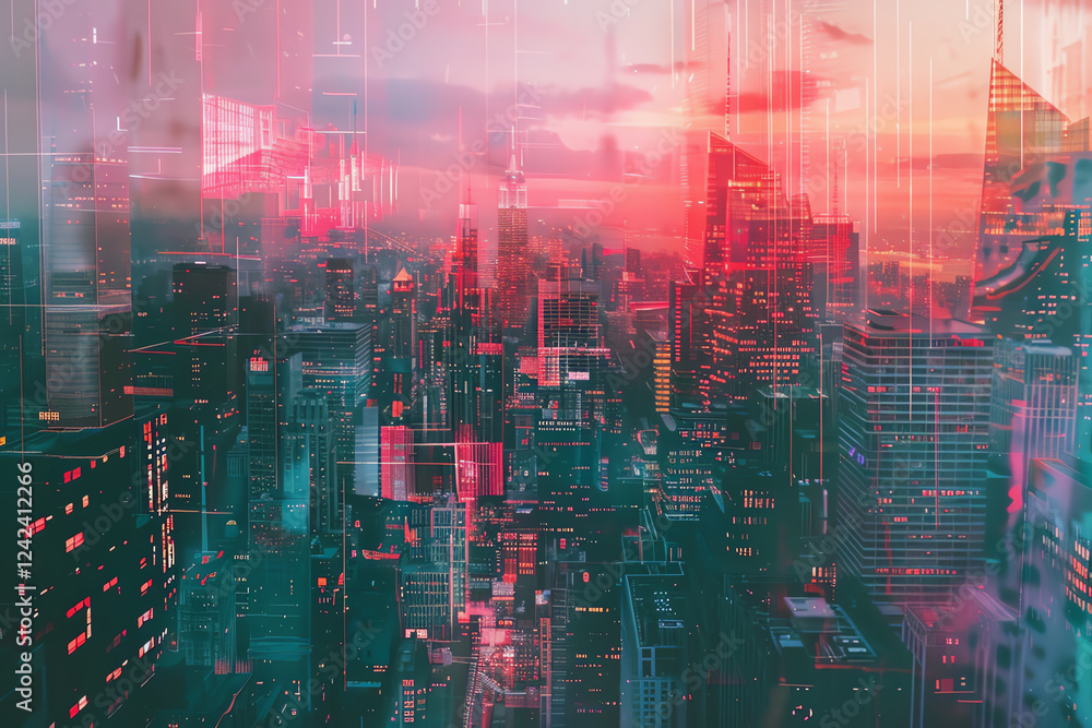 Poster craft a panoramic view of a dystopian cityscape with surreal elements using digital rendering techni