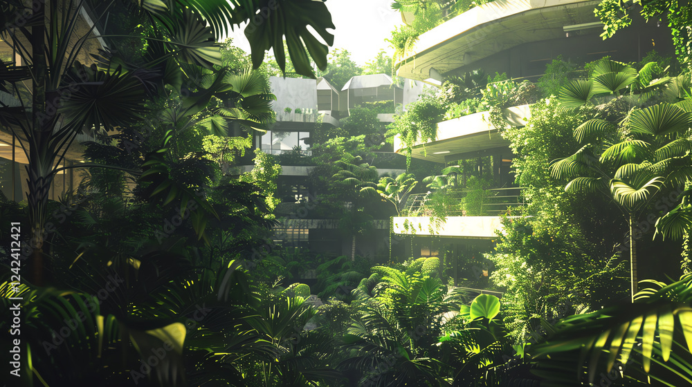 Poster craft a photorealistic 3d rendering of a mystical urban jungle, blending sleek futuristic architectu