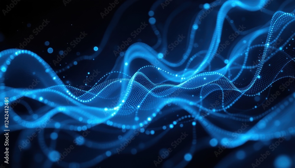 Poster dynamic blue abstract digital wave pattern with glowing dots on black background
