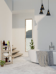 A minimalist modern white bathroom with a bathtub, a shelf for bath essentials, and decorative items
