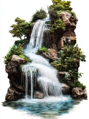 Cascading Waterfall Surrounded by Lush Greenery and Rock Formations in a Tranquil Natural Setting