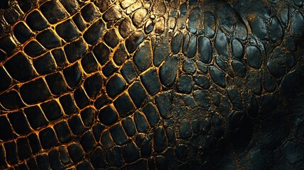 Closeup of a reptile skin texture background with golden seams, creating a luxurious and exotic look