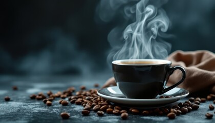 Steaming coffee cup on a saucer surrounded by roasted beans