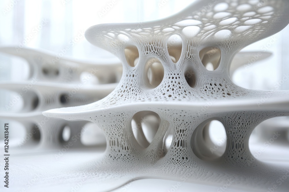 Poster intricate 3d printed structures with unique patterns and organic forms in modern design