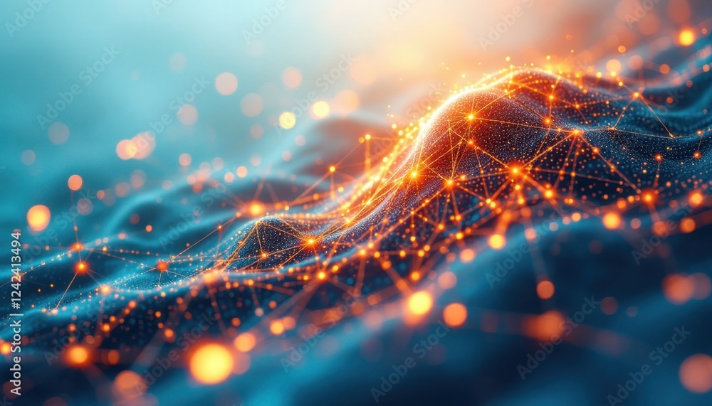 Poster glowing network: abstract digital connections and light points on ocean surface