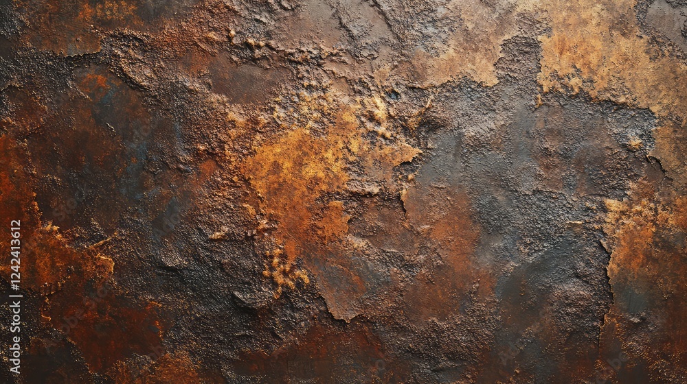 Poster close-up view of weathered metal surface with unique textures, rich colors, and intricate patterns r