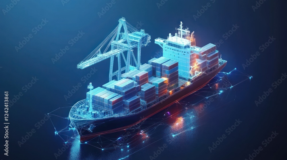 Poster digital wireframe of container ship at port.