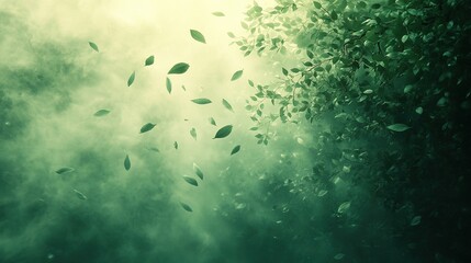 Fototapeta premium Green leaves falling from misty forest canopy in ethereal light