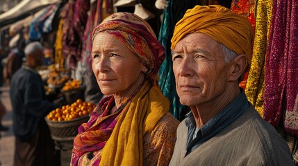 Obraz premium Elderly Couple with Colorful Scarves at Vibrant Market Scene