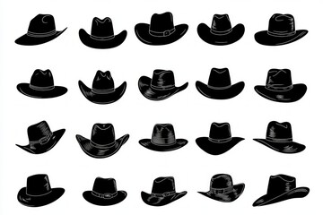 A Collection of Stylish Black and White Cowboy Hats - Vintage Illustration Design