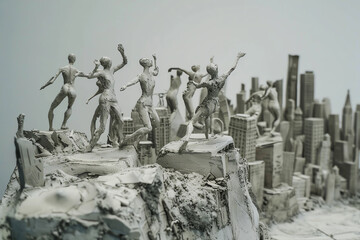 Create a sculpture using clay to depict a haunting futuristic cityscape with a focus on aerial views, portraying the dance forms of resistance fighters amidst turmoil Utilize unexpected camera angles