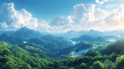 Naklejka premium Green mountain range at sunrise with cloudy sky