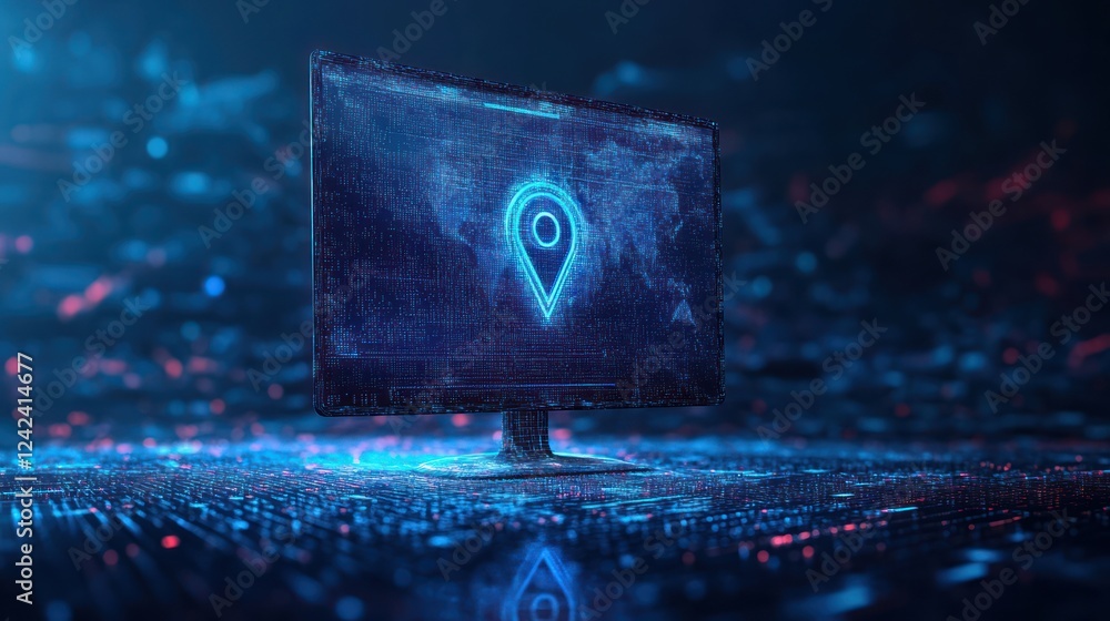 Poster glowing location pin on a computer screen. (1)