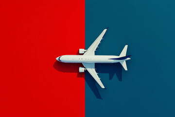 Fototapeta premium Flat lay design of a white plane isolated on a colorful background
